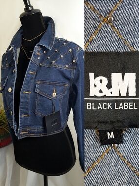 NWT❤I&M Black Label🎀Dark Blue Crystal Studded Yoke Cropped Denim Jacket